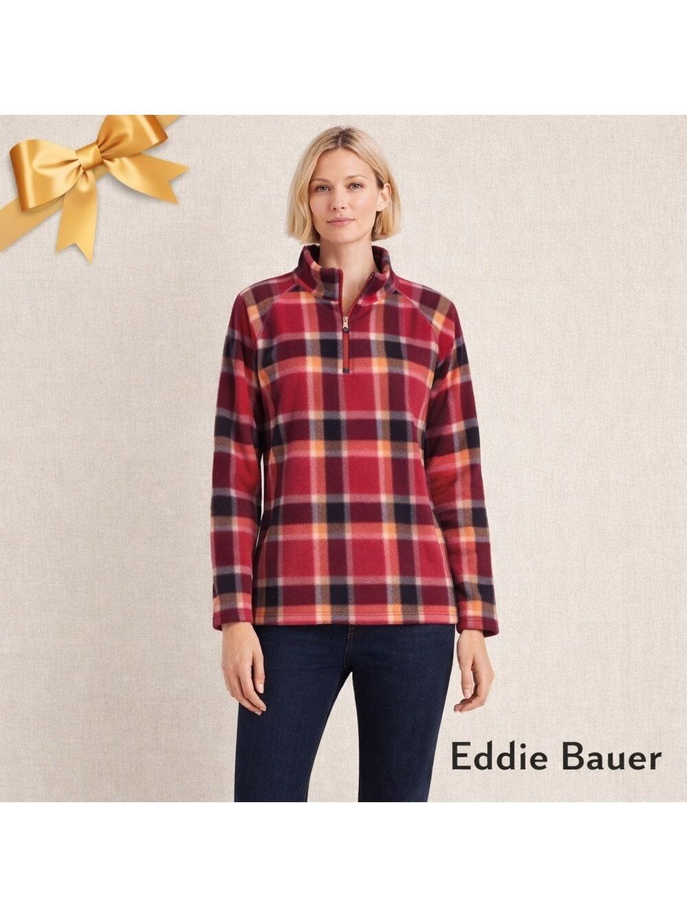 Eddie Bauer Dark Berry Red Plaid Lightweight Fleece 1/4 Zip Size M NEW